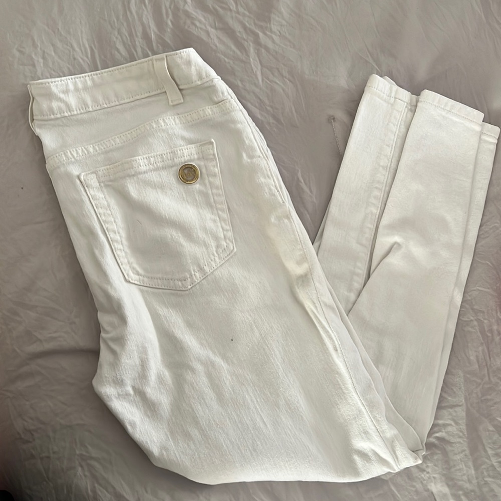 MICHAEL KORS White Women Skinny Stretchy Cropped Jeans with 2 Gold Zippers